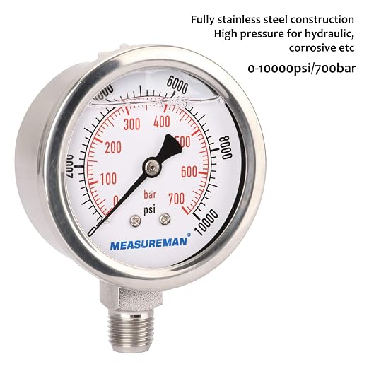 MEASUREMAN 2-1/2" dial,Glycerin Filled Hydraulics Pressure Gauge Stainless Steel case, 316 SS Wetted Part, 0-10000psi/bar1/4 NPT,Lower Mount