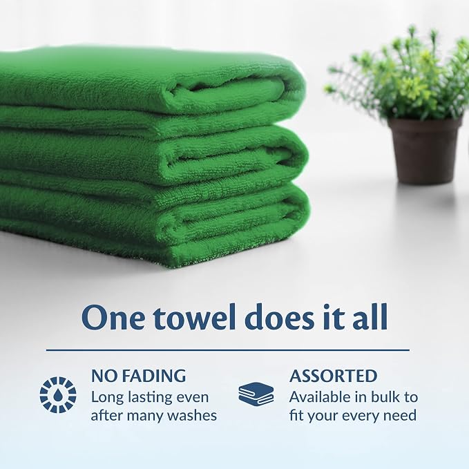 Cotton Towels for Multiple Use, 100% Ring Spun Cotton Towel Set, Heavy Duty - Super Absorbent Cleaning Towels for Car and Home - 16” X 27” (12 Pack, Green)