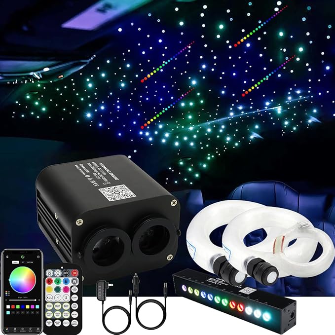 AZIMOM Dual Color 20w Twinkle Fiber Optic Starlight Headliner Kits 900pcs 0.03in 9.8ft, RGB Meteor Shooting Star, Sound Activated Remote APP Control Home Car Ceiling Décor