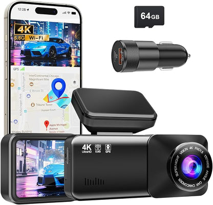 4K Dash Cam Front, Built-in 5.8G WiFi, Free 64GB Card & 48W A+C Car Charger Included, Dash Camera for Cars, Mini Dashcam with Super Night Vision, Loop Recording, G-Sensor, 24 Hours Parking Monitor