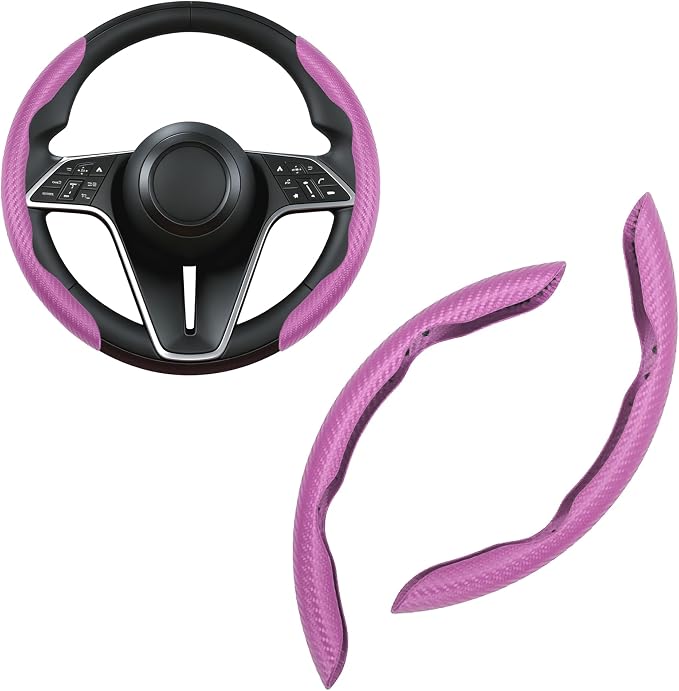 Carbon Fiber Steering Wheel Cover, 2-Piece Set Anti-Skid Comfortable Grip Segmented Butterfly Design, Easy Snap-On Installation Universal Fit 99% Cars, Pink