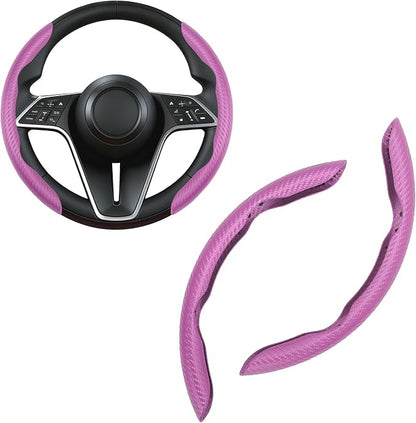 Carbon Fiber Steering Wheel Cover, 2-Piece Set Anti-Skid Comfortable Grip Segmented Butterfly Design, Easy Snap-On Installation Universal Fit 99% Cars, Pink