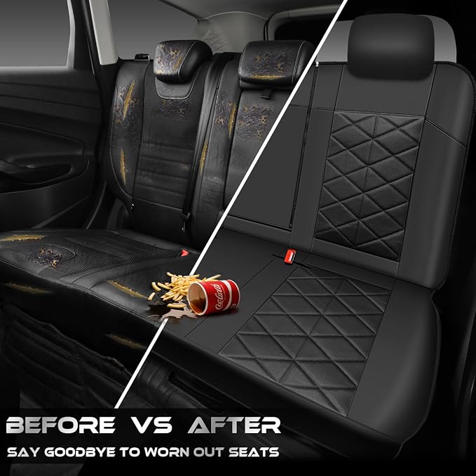 CAR PASS Memory Foam Leather Back Seat Cover, Luxury Breathable Perforated Nappa Leather Bench Rear Seat Cover, Thick 3D Foam Zipper Split Backseat Cover Universal Fit for Trucks, Sedans, SUV, Black