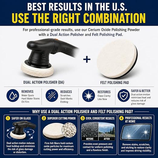 14 oz (400g) 99% Cerium Oxide Glass Polishing Powder (7-9 Um) – Removes: Oil Films, Water Spots, Swirl Marks, Wiper Streaks, Removes Fine Scratches & Deep-Cleans Glass Surfaces.