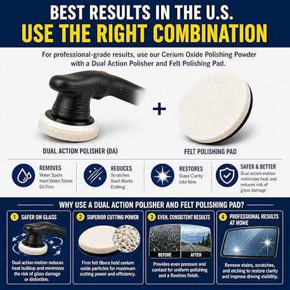 14 oz (400g) 99% Cerium Oxide Glass Polishing Powder (7-9 Um) – Removes: Oil Films, Water Spots, Swirl Marks, Wiper Streaks, Removes Fine Scratches & Deep-Cleans Glass Surfaces.