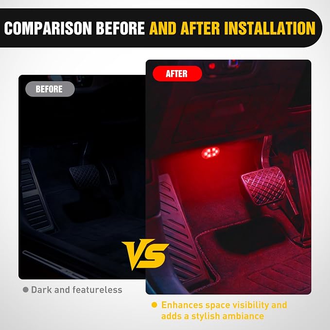 Nilight Wireless Magnetic RGB LED Interior Lights, 2 PCS 7 Colors USB Rechargeable Universal Mini Sticky Footwell Ambient Atmosphere Reading Lamp with Touch Sensor, Portable Night Lighting for Car