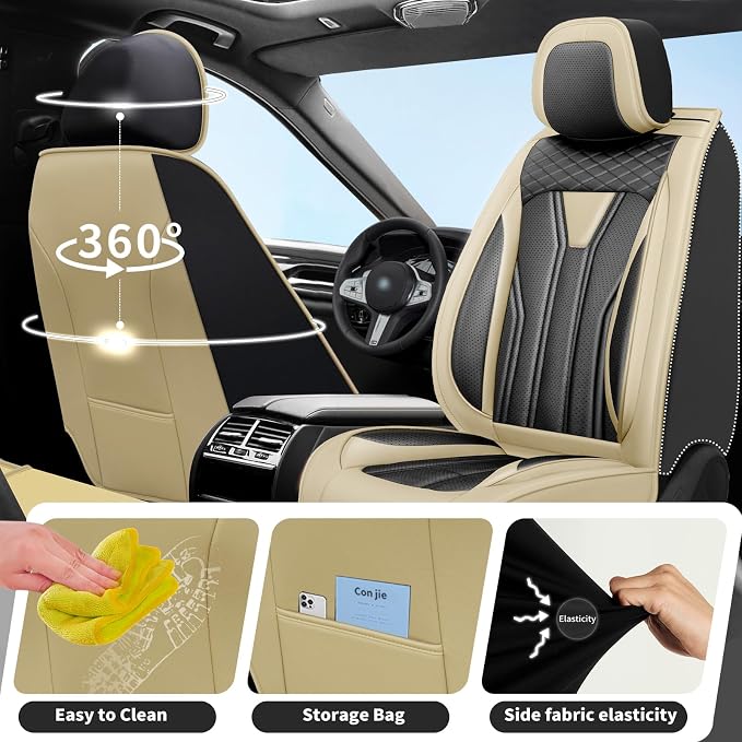 Fit Compass Car Seat Covers for Jeep Compass 2007-2025 2026 -Full Set Premium Leather, Waterproof & Breathable，All-Weather Seat Cushion Protecto & Airbag Compatible, 5 Seats Beige & Black