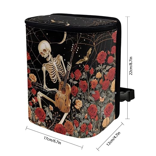 Skull Vintage Roses Pattern Car Trash Can with Lid and Zipper Portable Foldable Trash Bin for Car Interior Accessories Multipurpose Garbage Can Bags Storage Organizer Halloween Decor