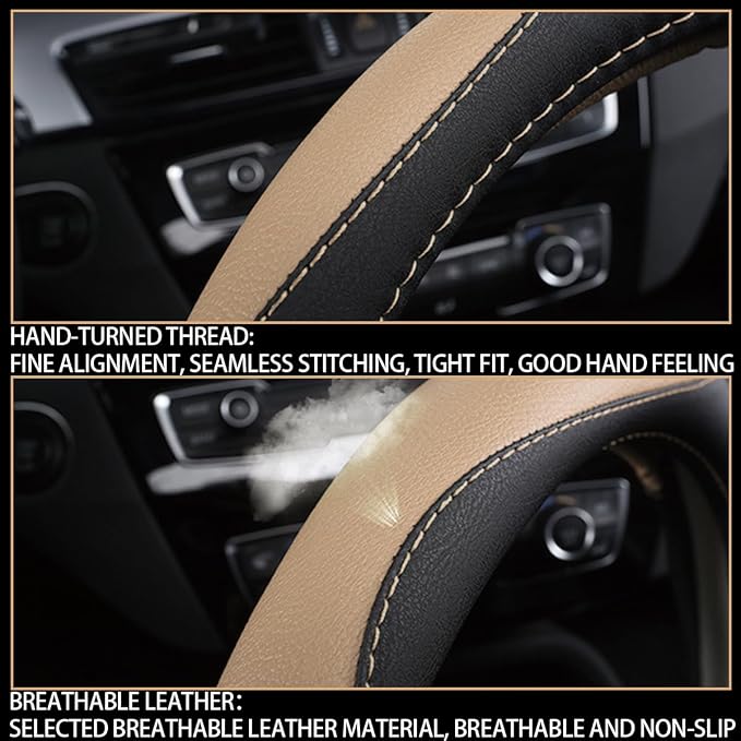 BESULEN Car Steering Wheel Cover, Soft Leather Steering Wheel Protector, Universal Non-Slip Steering Wheel Covers, Comfortable Grip Sweat-Absorbent, Automotive Interior Accessories