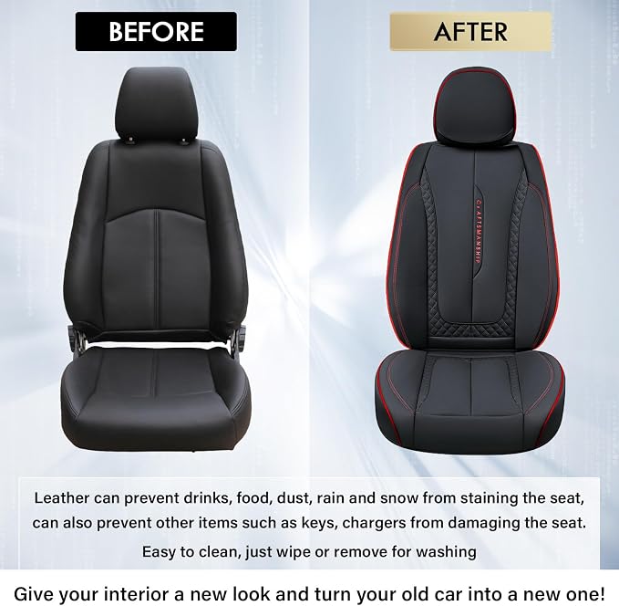 Coverado Car Seat Cover Full Set, Red Seat Covers Front Seats Back Seat Covers, Nappa Leather Waterproof, Car Seat Cushion, Car Seat Protector Universal Fit Most Cars