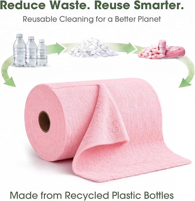 Microfiber Cleaning Cloth Roll - 100 Pack Tear Away Microfiber Paper Towels, Reusable, Washable, Scratch-Free, Kitchen Towels for Car, Home, Kitchen, Glass, Dishes(Pink)