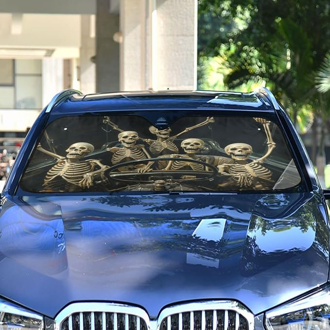 Windshield Sun Shade Funny Skeletons in Car Front Window Block UV Shades Visor Reflective Retractable for Car SUV Trucks
