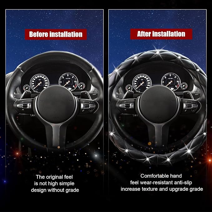 SuperKaKa Black Steering Wheel Cover 2026, Auto Cute Girly Diamond Bling Comfort Leather Car Interior Accessories Protector Sparkly Automotive Decoration for Women Men