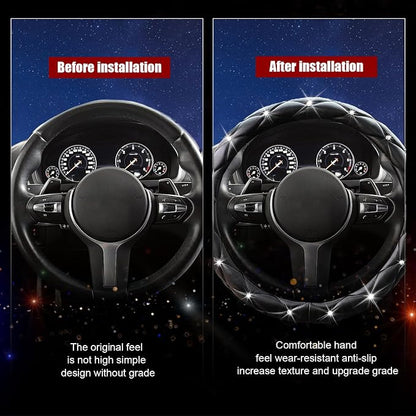 SuperKaKa Black Steering Wheel Cover 2026, Auto Cute Girly Diamond Bling Comfort Leather Car Interior Accessories Protector Sparkly Automotive Decoration for Women Men