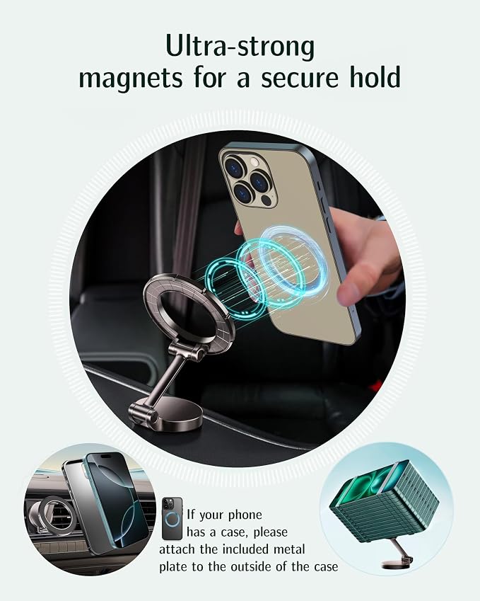 AAF for MagSafe Car Mount, Ultra-Strong Magnetic Phone Holder for Car &Bed &Desk Compact Dashboard Windshield, All Metal 360°Free Rotation [One-Hand Adjustable] Foldable, Easy Setup for iPhone Android