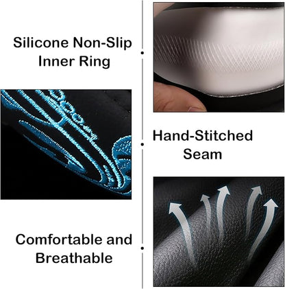 Blue Embroidery Butterfly Car Steering Wheel Cover,14.5-15 Inch Universal Leather Covers Breathable Anti-Slip Odorless Steering Wheels Accessories for Men Women