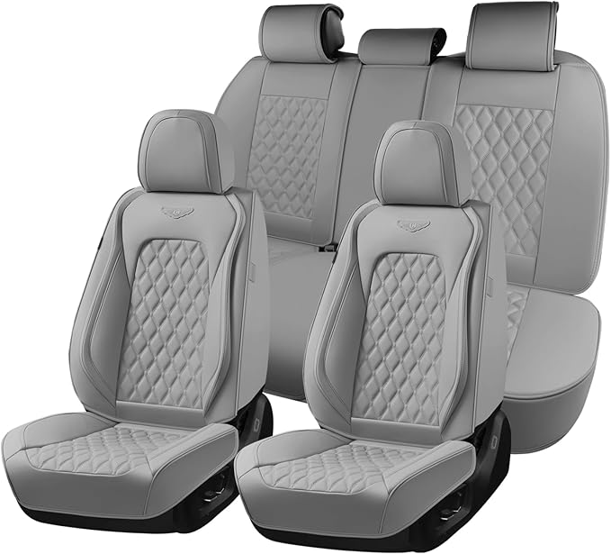 Coverado Full Set Car Seat Covers, Luxury Faux Leather Waterproof Seat Covers, Gray Car Seat Protectors, Universal Fit, Leather Seat Cushions for Cars-Gray