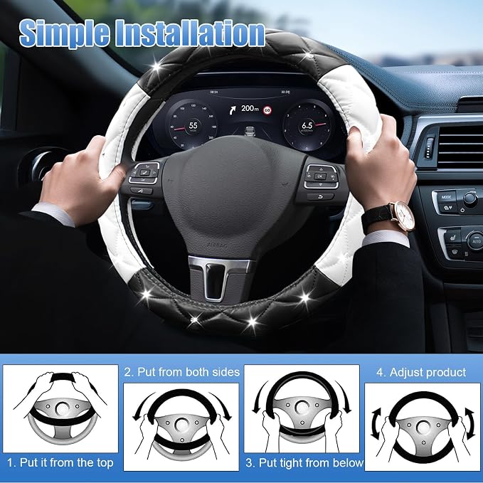 SuperKaKa Black and White Steering Wheel Cover, Auto Cute PU Diamond Bling Comfort Leather Car Interior Accessories Protector Sparkly Fit Most O-Shaped Steering Wheels