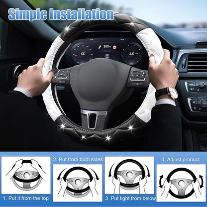 SuperKaKa Black and White Steering Wheel Cover, Auto Cute PU Diamond Bling Comfort Leather Car Interior Accessories Protector Sparkly Fit Most O-Shaped Steering Wheels