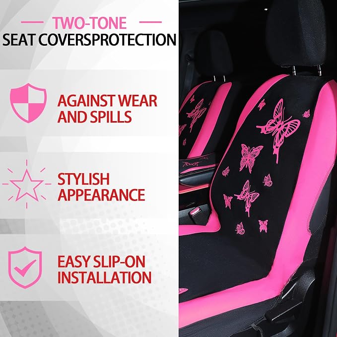BBTO 43 Pcs Butterfly Car Seat Full Set Butterfly Car Accessories for Women 5 Front Rear Seat Covers Wrist Strap 2 Pcs Cup Mat Armrest Pad 2 Belt Xmas Cover Accessories for SUV(Pink, Black)