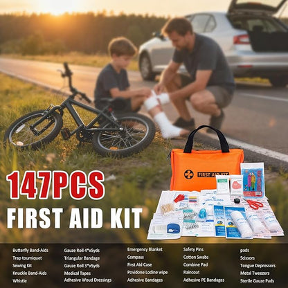 Car Roadside Emergency Kit, Jump Starter with Air Compressor, First Aid Kit, Tow Rope, Roadside Safety Emergency Tool Kit for Women, Men, Teen (Orange)