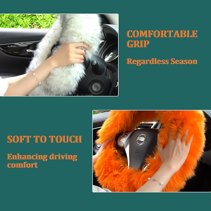 Fuzzy Genuine Sheepskin Steering Wheel Cover Set for Women Parents-Fluffy Soft Australian Merino Wool Wrap with Gear Shift and Hand Brake Covers, Cozy Stylish Luxury Car Accessories (Linen Color)
