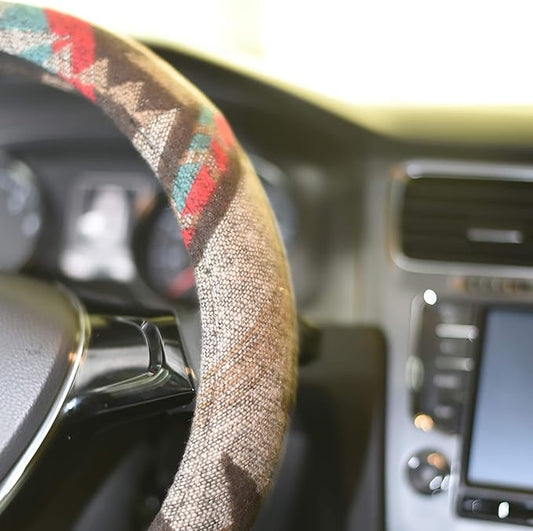 Universal 15inch Ethnic Style Baja Blanket Steering Wheel Cover with Coarse Flax Cloth and Sweat Absorption Anti Slip Car Wrap (Boho Brown)