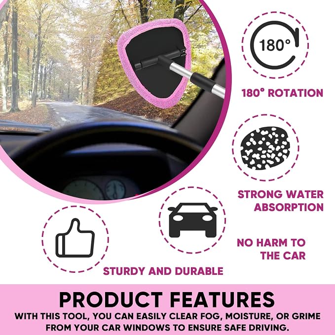 Car Window Cleaner, Car Cleanser Brush, Car Accessories Car Cleaning Supplies Tools, Car Cleaning Kit with Extendable Handle, Microfiber Cloth, Spray Bottle, Fits All Cars (Pink)