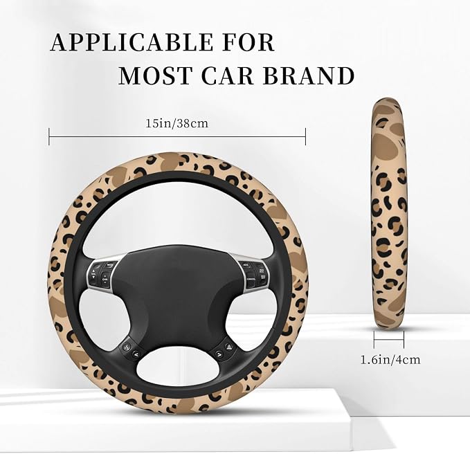 Car Steering Wheel Cover with Anti-Slip Lining, Universal 15 inch Wheel Cover, Fashion Car Interior Accessories for Women Men - Brown Heart Leopard Cheetah