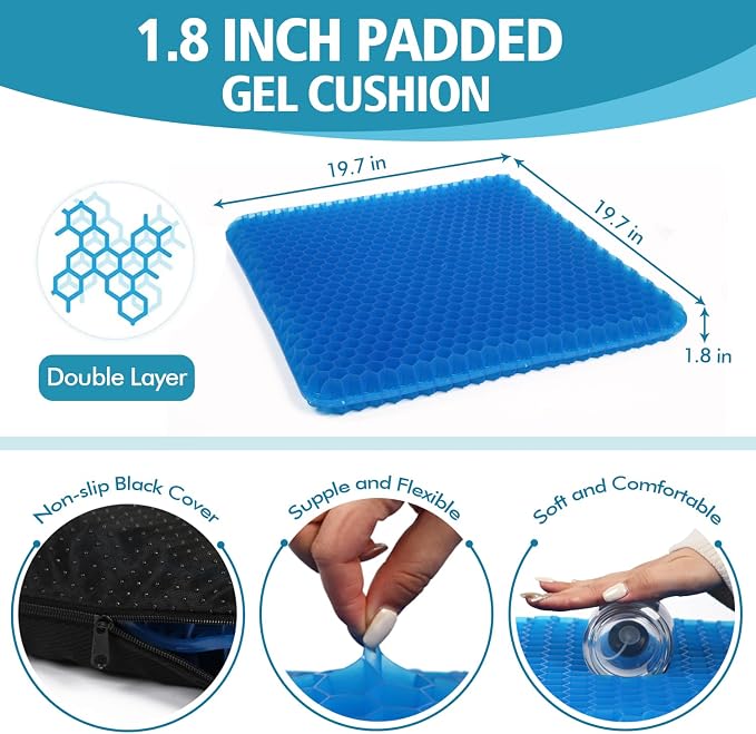 Gel Seat Cushion (20"x20"x2") for The Car or Office Chair, Super Large Gel Cushions for Elderly's Wheelchair, Temperature Neutral Grid Chair Pads for Long Sitting, Tailbone and Coccyx Pain Relief