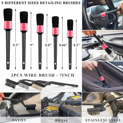 39Pcs Car Cleaning Wash Kit Interior Detailing Cleaner Kit with High Power Handheld Vacuum, Brush Set, Windshield Tool, Duster, Towels, Tire Brush, Complete Car Care Tools, Pink