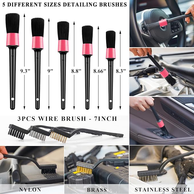 41Pcs Car Cleaning Wash Kit Interior Detailing Cleaner Kit with High Power Handheld Vacuum, Collapsible Bucket, Windshield Tool, Snow Shovel, Tire Brush, Complete Car Care Tools, Pink