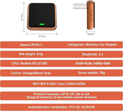 2026 CP030 Wireless CarPlay Adapter,5GHz USB&USB-C CarPlay Dongle,Plug&Play for 2016+ Wired CarPlay Cars,Aluminum Low Heat Auto Connect for iPhone iOS 10+