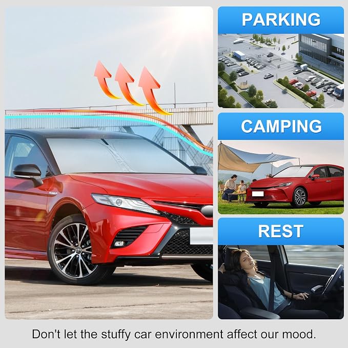 Custom Fit Windshield Sun Shade for Toyota Camry 2018-2024 | Perfect Vehicle Fit, Cooler Interior, Blocks UV Rays, Stronger Frame, Easy Fold & Store