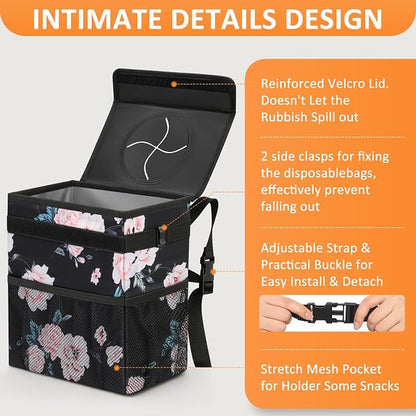 Vankor 3 Gallons Car Trash Can with Lid, Car Bag Bin Hanging Waterproof Automotive Garbage Cans Leak Proof Vehicle Trash Can Black Floral