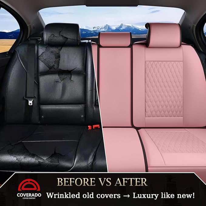 Coverado Rear Seat Covers, Leather Seat Cover for Car, Universal Waterproof Automotive Seat Cushion Protector for Most Cars Trucks SUV (Pink)
