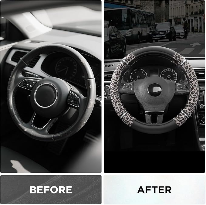 Road Comfort Leather Steering Wheel Cover – Premium Anti-Slip Car Steering Wheel Grip Cover – Universal Fit for 14.5”–15” Cars, Trucks & SUVs - Leopard Pattern