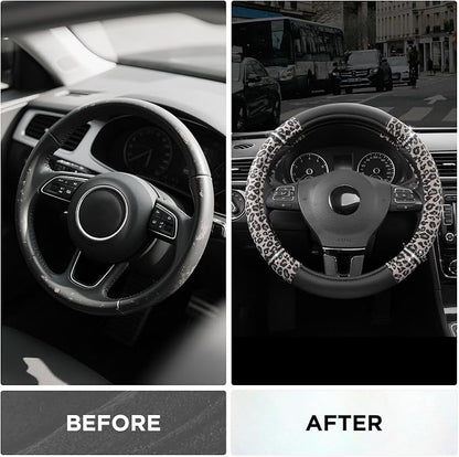 Road Comfort Leather Steering Wheel Cover – Premium Anti-Slip Car Steering Wheel Grip Cover – Universal Fit for 14.5”–15” Cars, Trucks & SUVs - Leopard Pattern