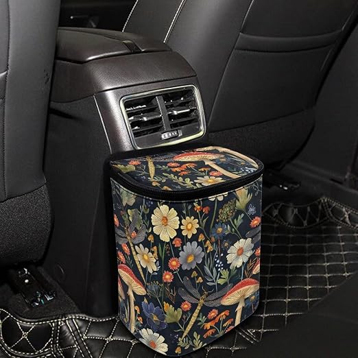 Talayituse Mushroom Dragonfly Daisy Print Car Trash Can with Lid, Leak Proof Auto Trash Bag Hanging Vehicle Garbage Can Multipurpose Storage Container for Back Seat Road Trip