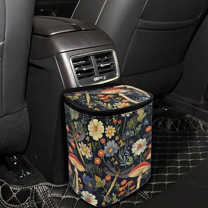 Talayituse Mushroom Dragonfly Daisy Print Car Trash Can with Lid, Leak Proof Auto Trash Bag Hanging Vehicle Garbage Can Multipurpose Storage Container for Back Seat Road Trip