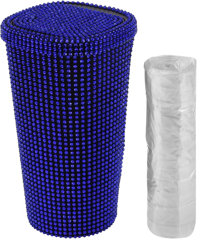 ACROPIX Car Trash Can Trash Bin Rhinestones Portable 3.5" Length 3.5" Width 6.3" Height Blue Rhinestone Plastic