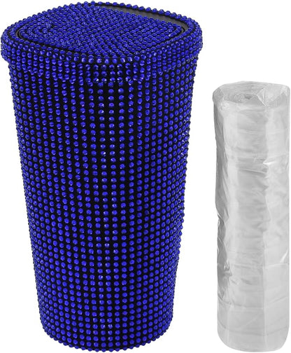ACROPIX Car Trash Can Trash Bin Rhinestones Portable 3.5" Length 3.5" Width 6.3" Height Blue Rhinestone Plastic