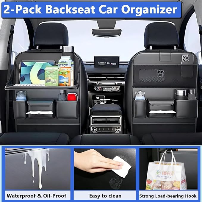 2-Pack Backseat Car Organizer with Tray – 21"x17" Premium PU Leather Kick Mats with Tray, Hanging Car Seat Back Protector & Storage for Tablet, Snacks, Diapers – Universal Fit for SUV, Truck (Black)