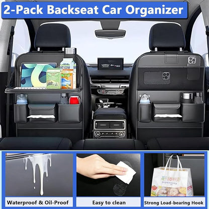 2-Pack Backseat Car Organizer with Tray – 21"x17" Premium PU Leather Kick Mats with Tray, Hanging Car Seat Back Protector & Storage for Tablet, Snacks, Diapers – Universal Fit for SUV, Truck (Black)