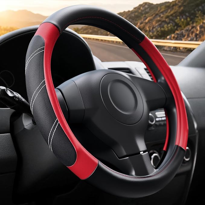 Black and Red Line Punching Car Steering Wheel Cover, Microfiber Leather Sports, 14.5-15 in Universal Leather Wheel Covers, Breathable Fashion Anti-Slip, Steering Wheels Accessories for Men Women