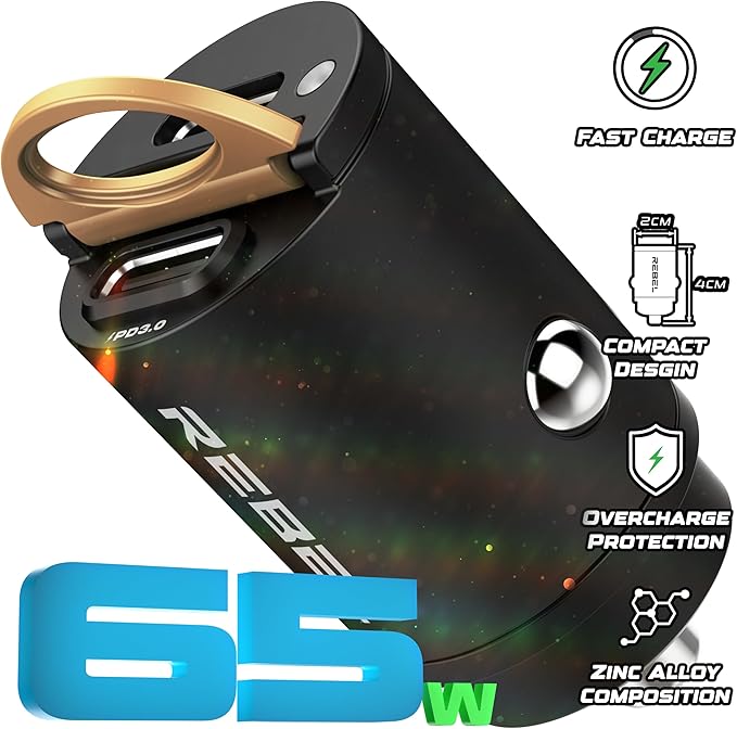 REBEL Dual 65W USB C Fast Car Charger 12V/24V [Smallest Metal Frame] PD65W, QC60W 4.0/3.0, Flush Fit, Cigarette Lighter Adapter for iPhone 17 Pro Max Air 16 Plus 15 14 13 12 iPad, MacBook, S25. S24