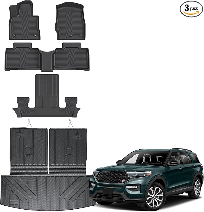 Auxko All Weather Floor Mat & Cargo Mat with Back Seat Mat Fit for Ford Explorer 6 Seat 2026 2025-2020 TPE Floor Liner Trunk Mat Accessories All Season Odorless Anti-Slip Black