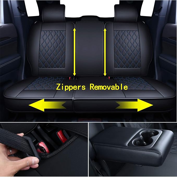 Huidasource Grand Cherokee Seat Covers, Waterproof Leather Customized Car Seat Cushion Covers, Full Set Seat Protector Compatible with Grand Cherokee 2011-2022, (5 Pcs Full Set/Black&Blue)