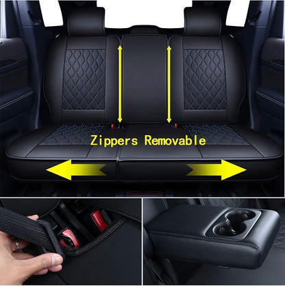 Huidasource Grand Cherokee Seat Covers, Waterproof Leather Customized Car Seat Cushion Covers, Full Set Seat Protector Compatible with Grand Cherokee 2011-2022, (5 Pcs Full Set/Black&Blue)