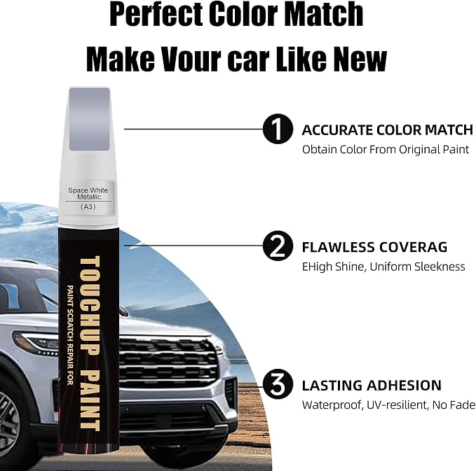 Space White Metallic(A3) Car Paint Touch Up Pen Compatible with Ford,2-In-1 Color Accurate Touch Up Car Scratch Repair Paint Exact Match Ford Series Automotive Scratch Remover for Nicks&Chips Repair